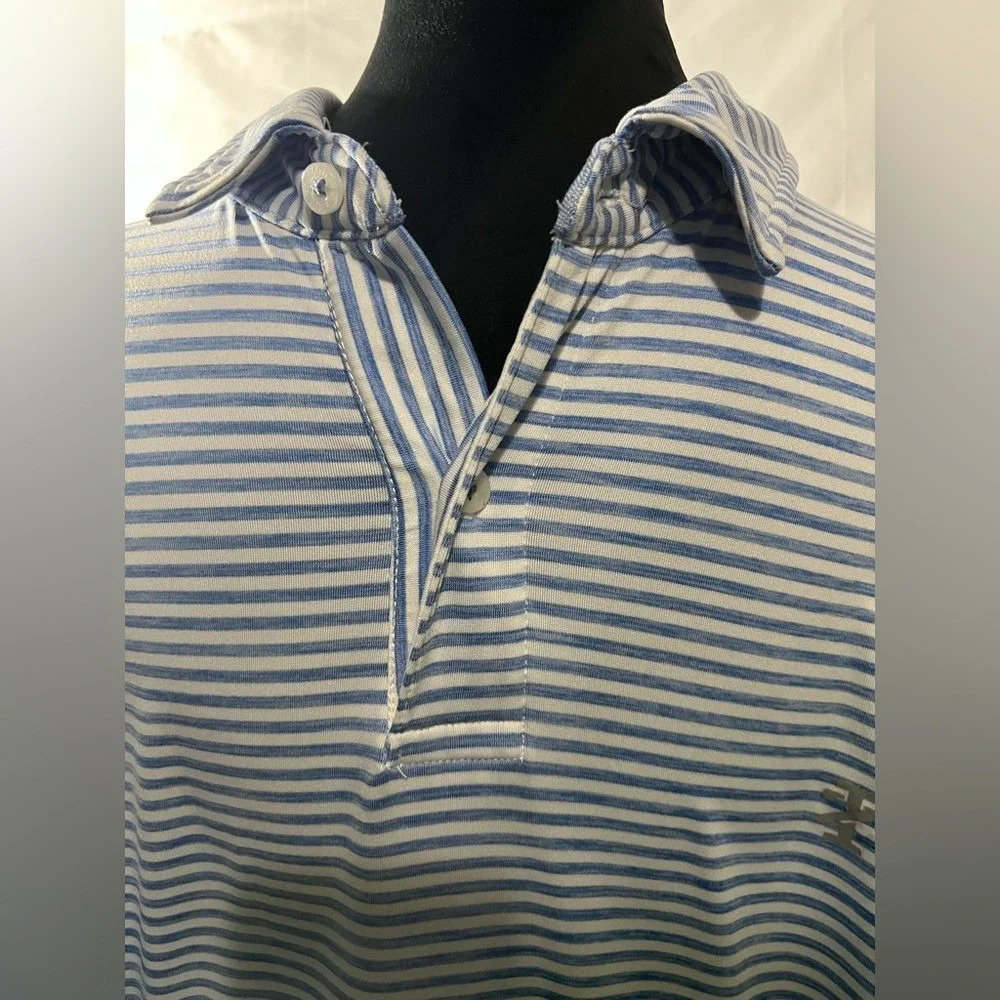 IZOD Golf Polo Shirt Performance Stretch Mens L Blue White Striped Sportswear